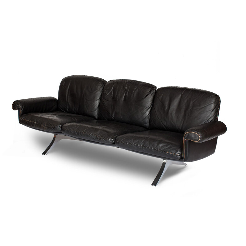 Vintage 3-seater sofa in black leather by De Sede