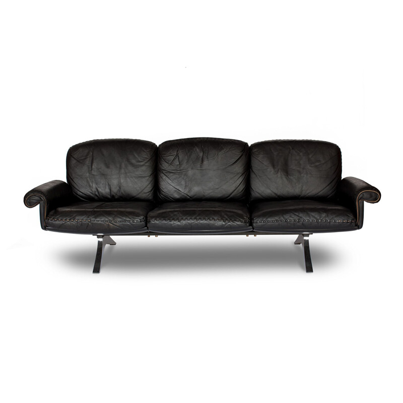 Vintage 3-seater sofa in black leather by De Sede