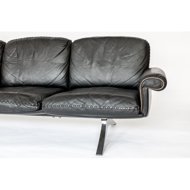 Vintage 3-seater sofa in black leather by De Sede