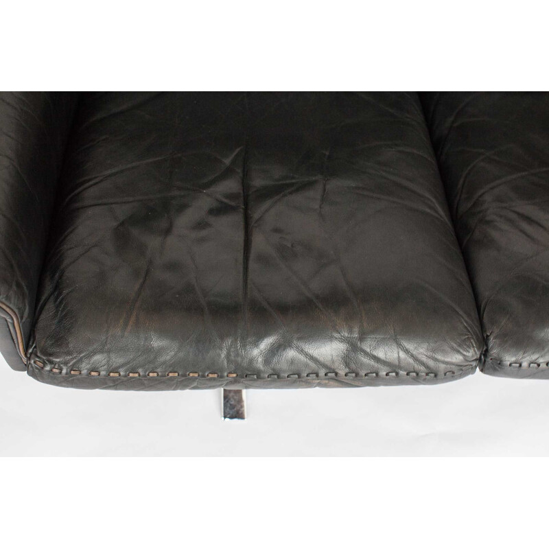 Vintage 3-seater sofa in black leather by De Sede