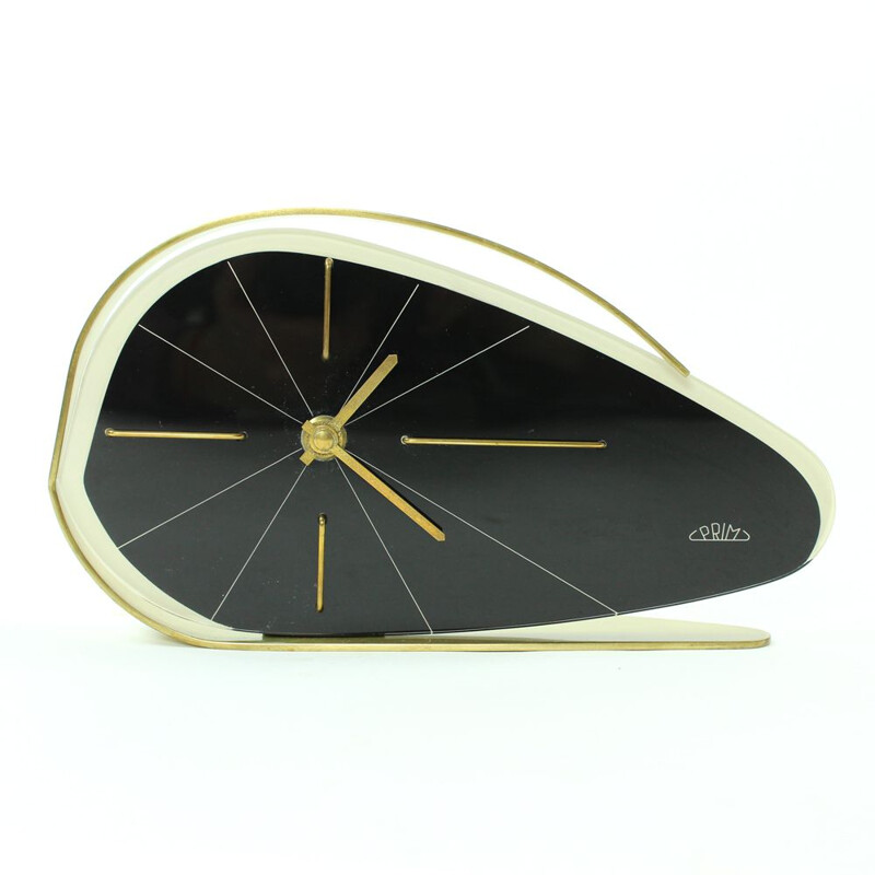 Vintage Brussel Era white Clock by Prim in brass and plastic 1950