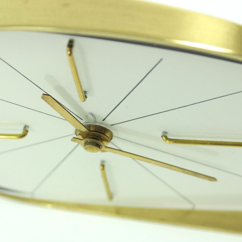 Vintage Brussel Era white Clock by Prim in brass and plastic 1950