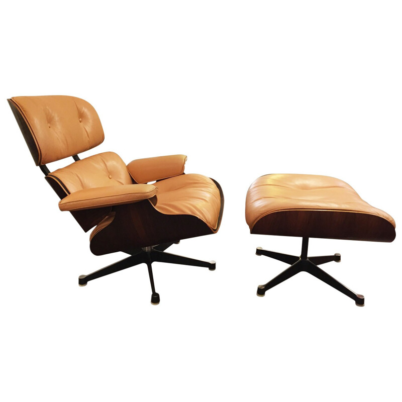 Lounge chair in rosewood and leather and its ottoman, Ray & Charles EAMES - 1977