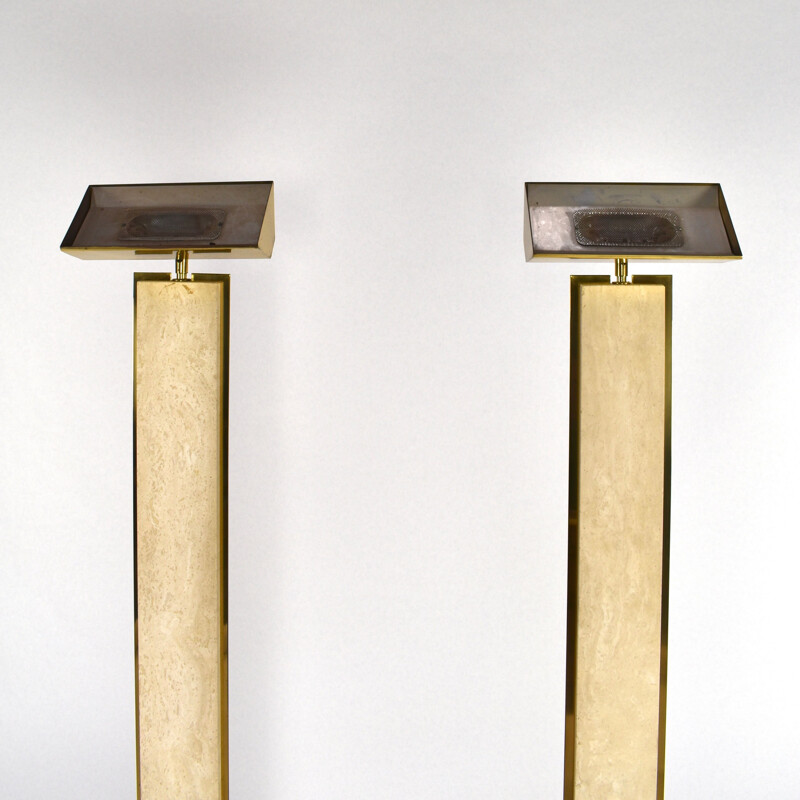 Pair of vintage floor lamps in brass and travertine