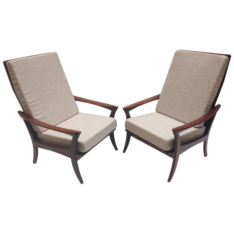 Paar Scandinavische fauteuils in rozenhout en stof - 1960