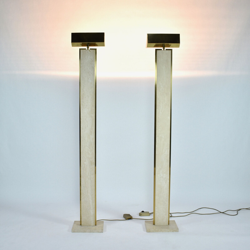 Pair of vintage floor lamps in brass and travertine