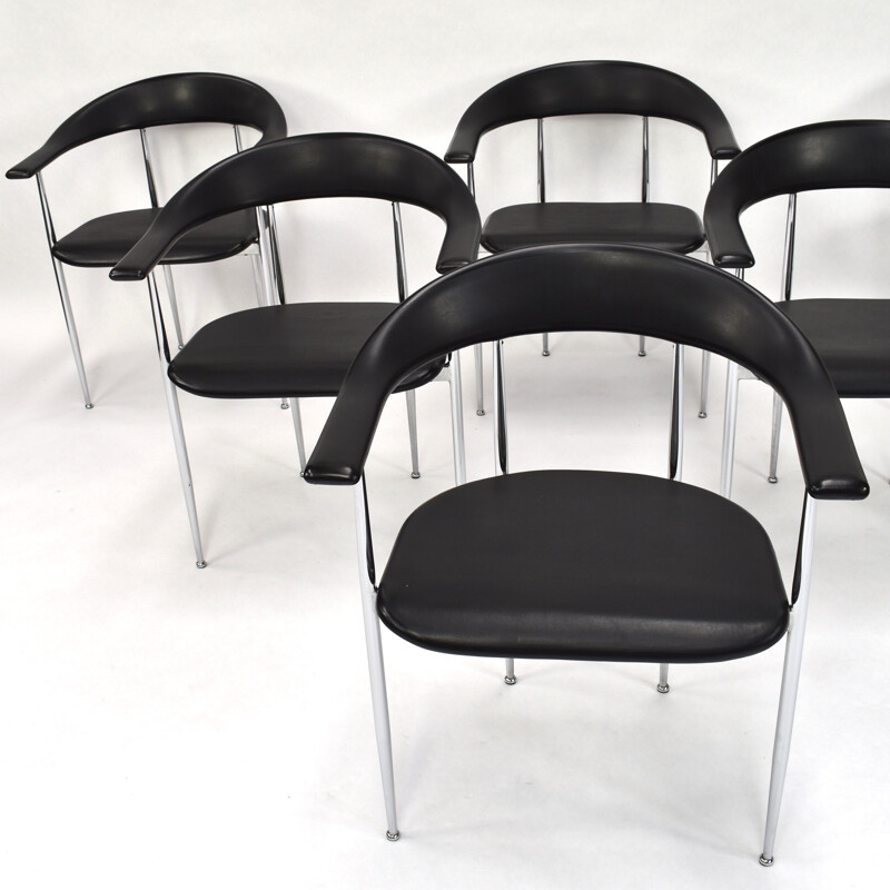 Set of 6 vintage black dining chairs in rubber by Fasem 1980