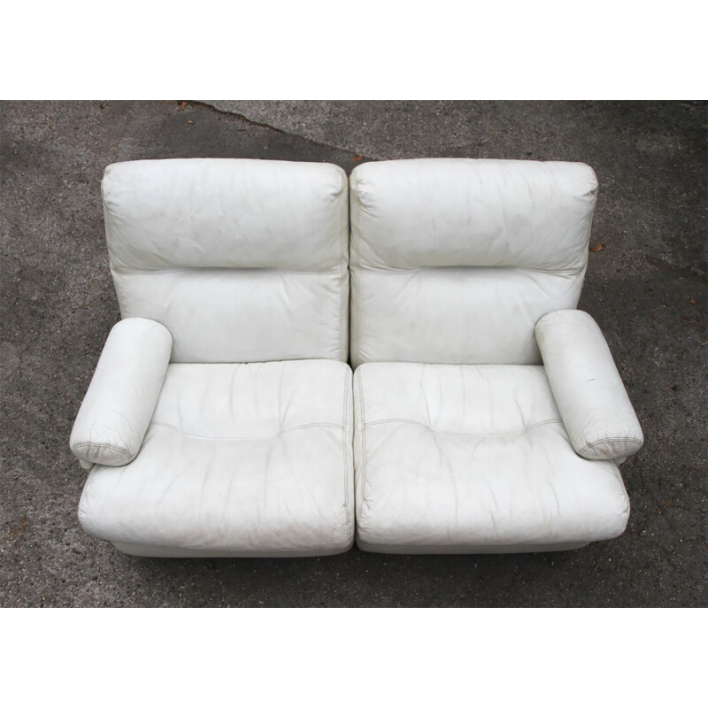 Vintage 2 seater sofa in white leather by  Ligne Roset - 1980s