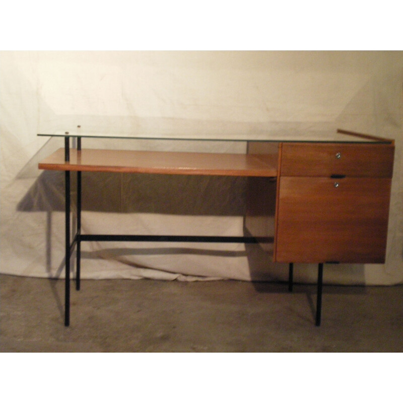 Bureau vintage français style Dlg Paulin en bois et verre 1950