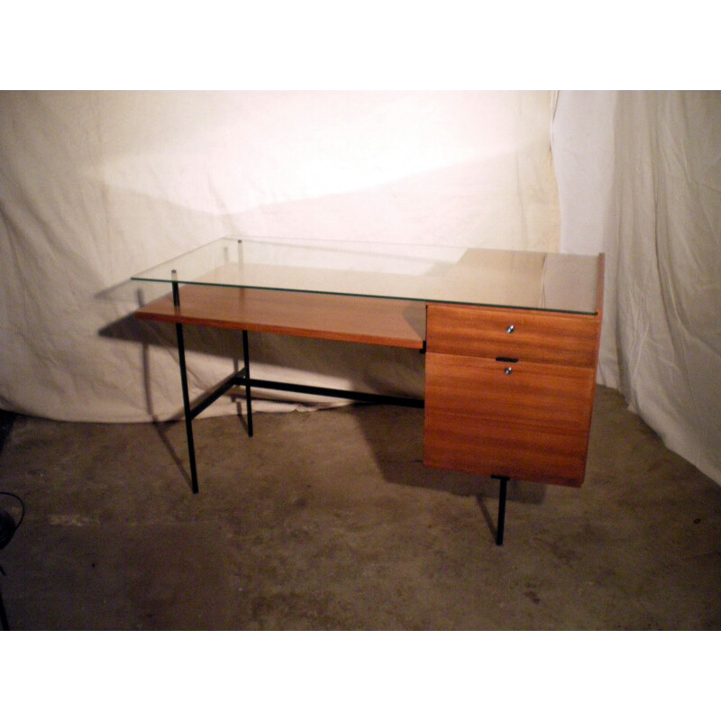 Bureau vintage français style Dlg Paulin en bois et verre 1950