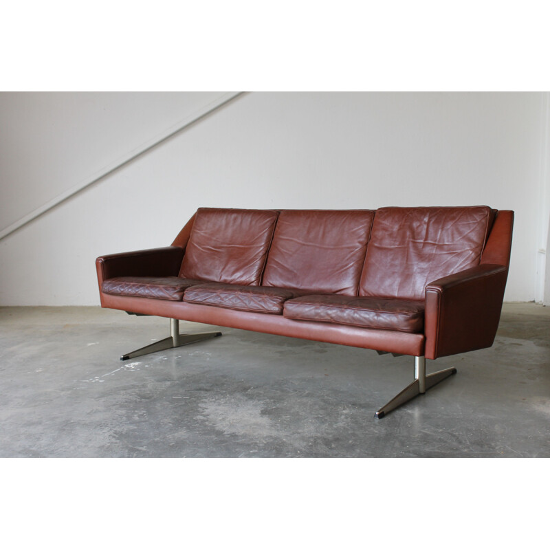 Vintage scandinavian sofa in steel and red leather 1960