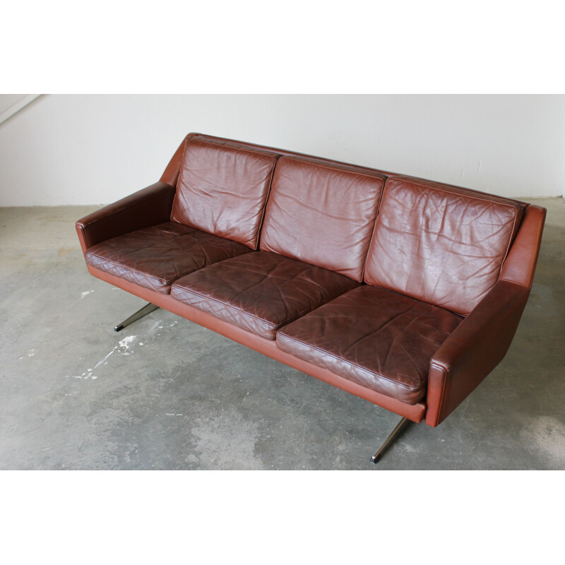 Vintage scandinavian sofa in steel and red leather 1960