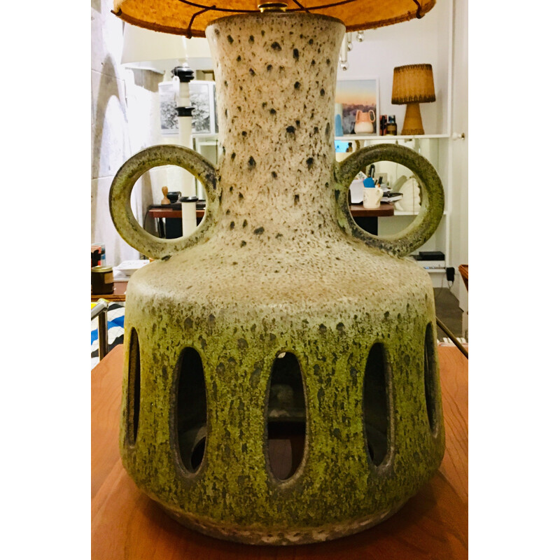 Lampe vintage en céramique Vallauris verte avec abat-jour 1960 