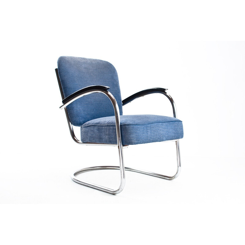 Easy chair model 436 in blue fabric, chromium and wood, Paul SCHUITEMA - 1930s