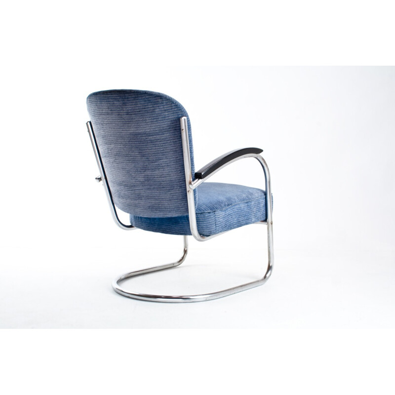 Easy chair model 436 in blue fabric, chromium and wood, Paul SCHUITEMA - 1930s