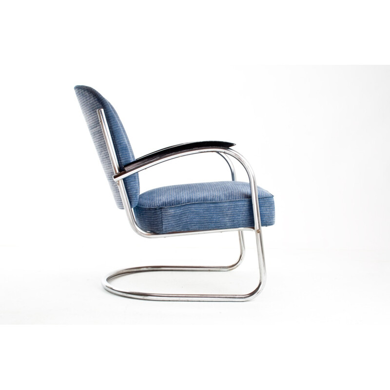 Easy chair model 436 in blue fabric, chromium and wood, Paul SCHUITEMA - 1930s