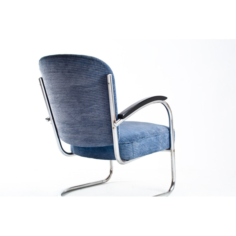 Easy chair model 436 in blue fabric, chromium and wood, Paul SCHUITEMA - 1930s