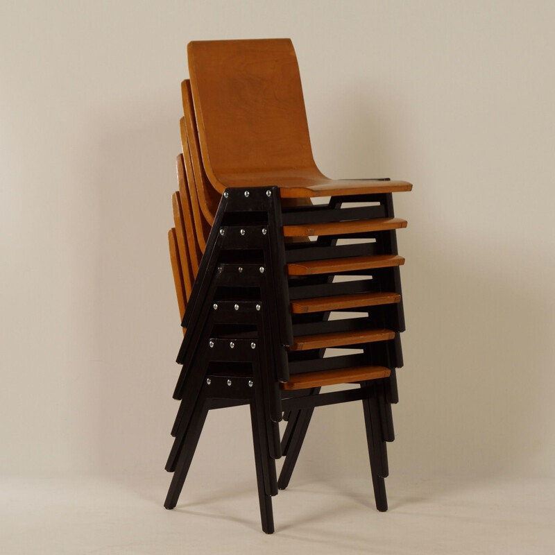 Set of 6 vintage black chairs by Roland Rainer in beechwood 1950