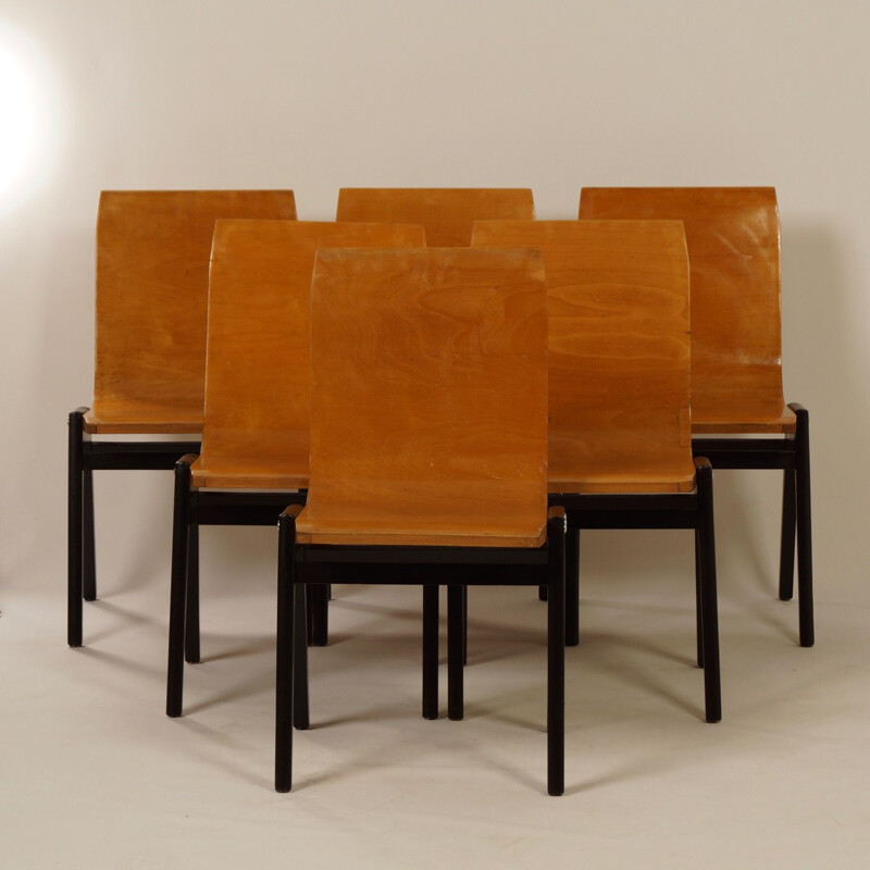 Ensemble de 6 chaises vintage noires en hêtre par Roland Rainer 1950