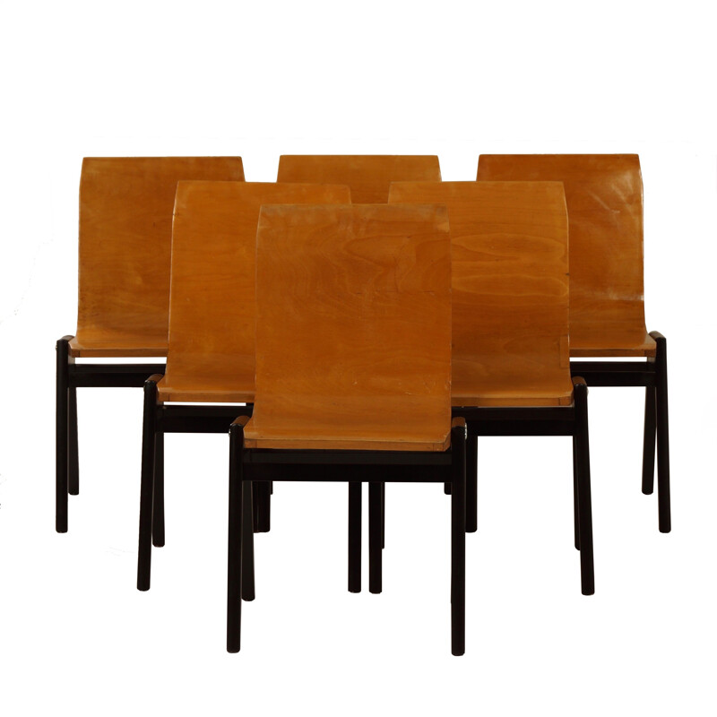 Set of 6 vintage black chairs by Roland Rainer in beechwood 1950