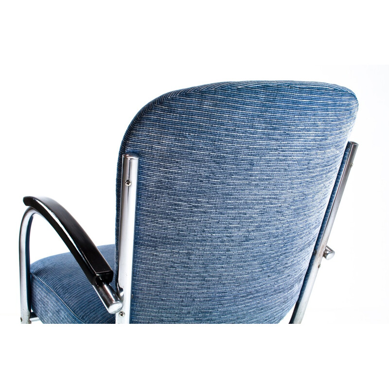Easy chair model 436 in blue fabric, chromium and wood, Paul SCHUITEMA - 1930s