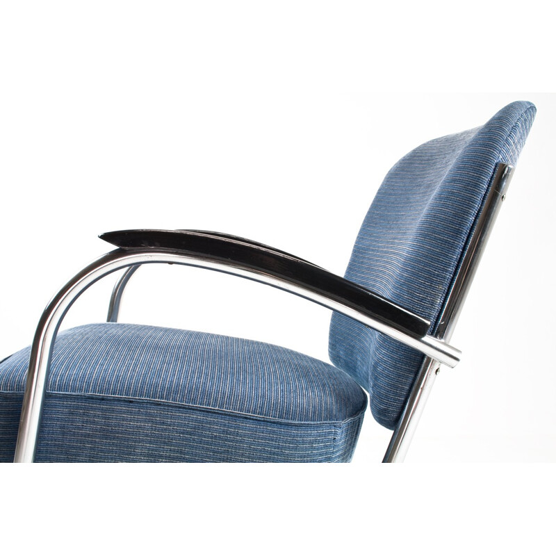 Easy chair model 436 in blue fabric, chromium and wood, Paul SCHUITEMA - 1930s