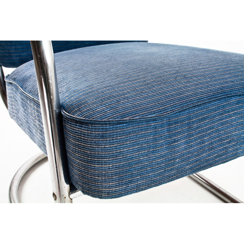 Easy chair model 436 in blue fabric, chromium and wood, Paul SCHUITEMA - 1930s