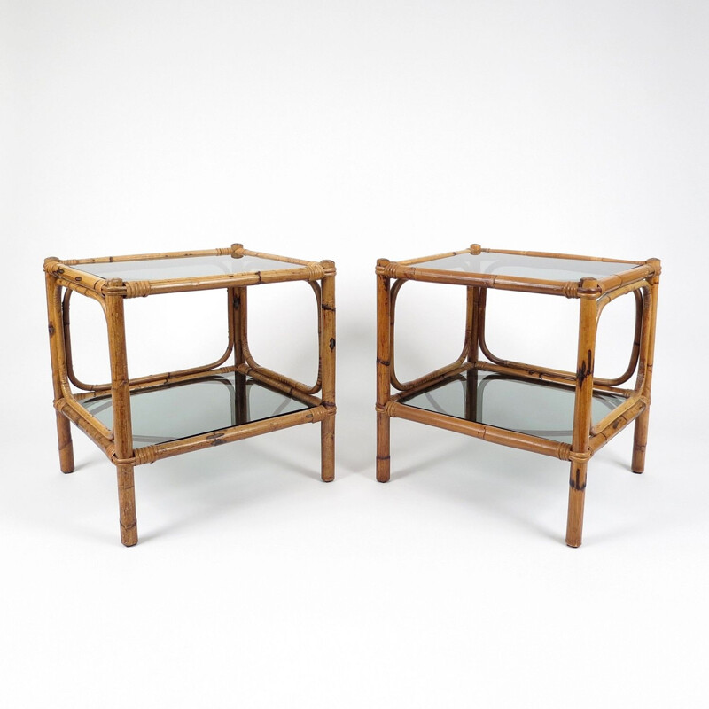 Set of 2 vintage bamboo and smoked glass side tables