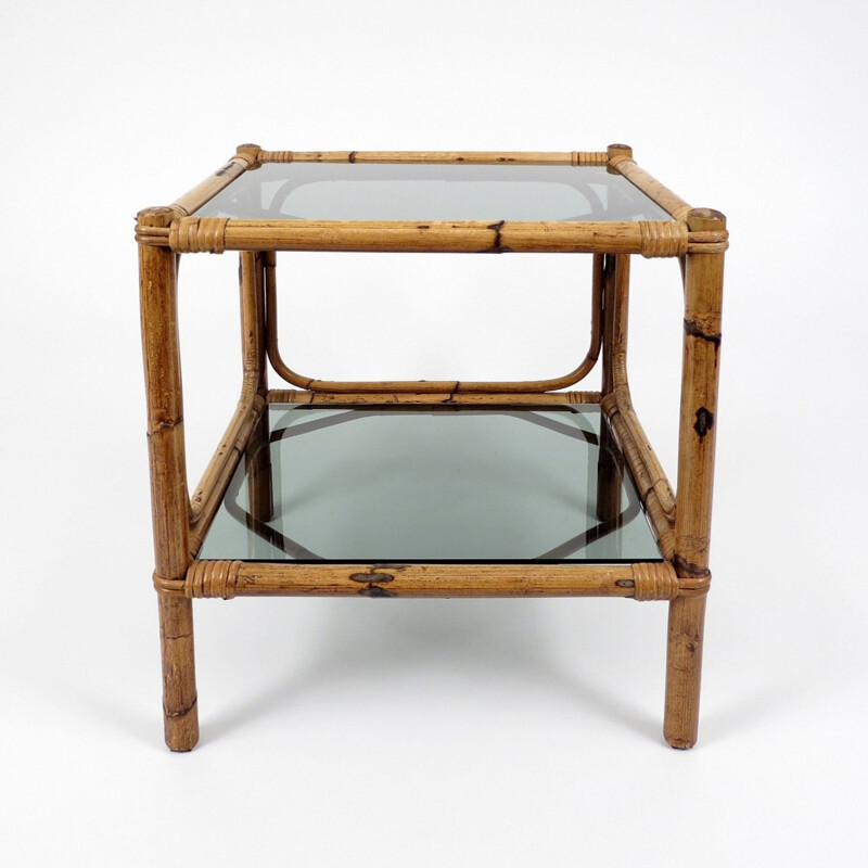 Set of 2 vintage bamboo and smoked glass side tables