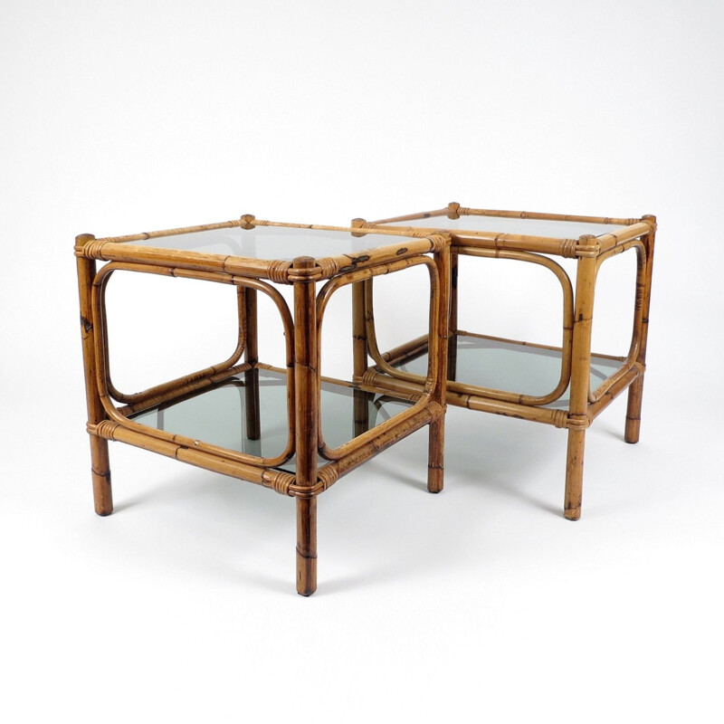 Set of 2 vintage bamboo and smoked glass side tables