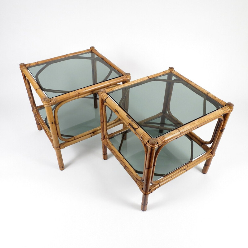 Set of 2 vintage bamboo and smoked glass side tables