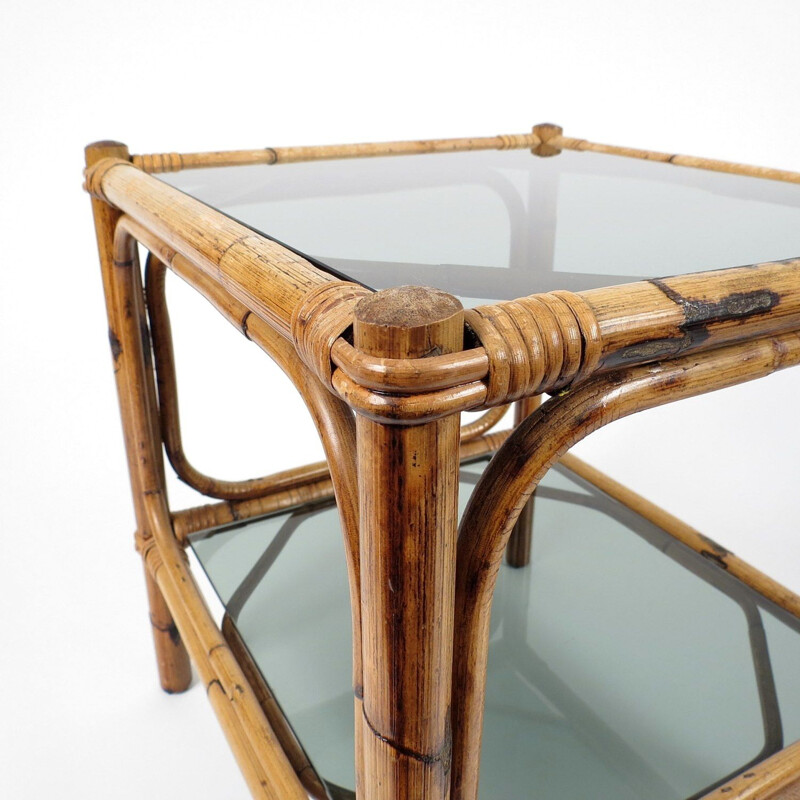 Set of 2 vintage bamboo and smoked glass side tables