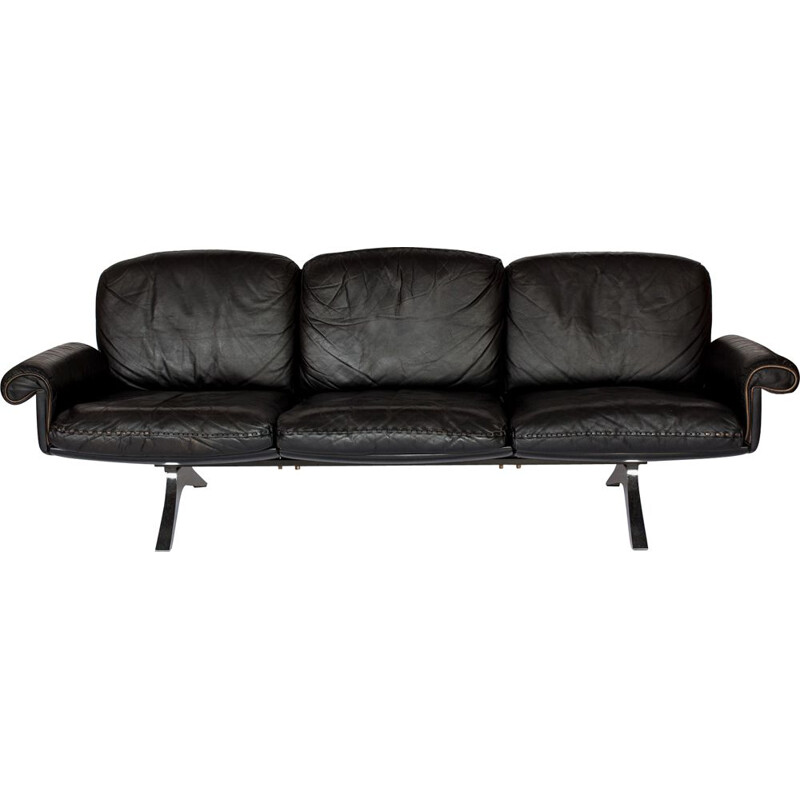 Vintage 3-seater sofa in black leather by De Sede