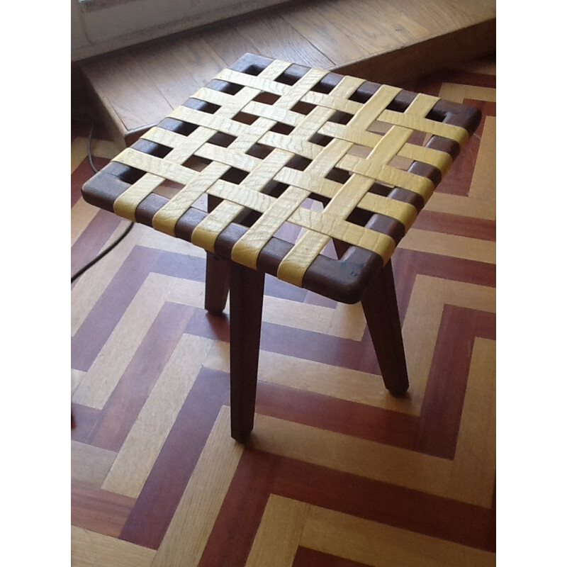 Vintage wooden stool with yellow plastic straps - 1950s