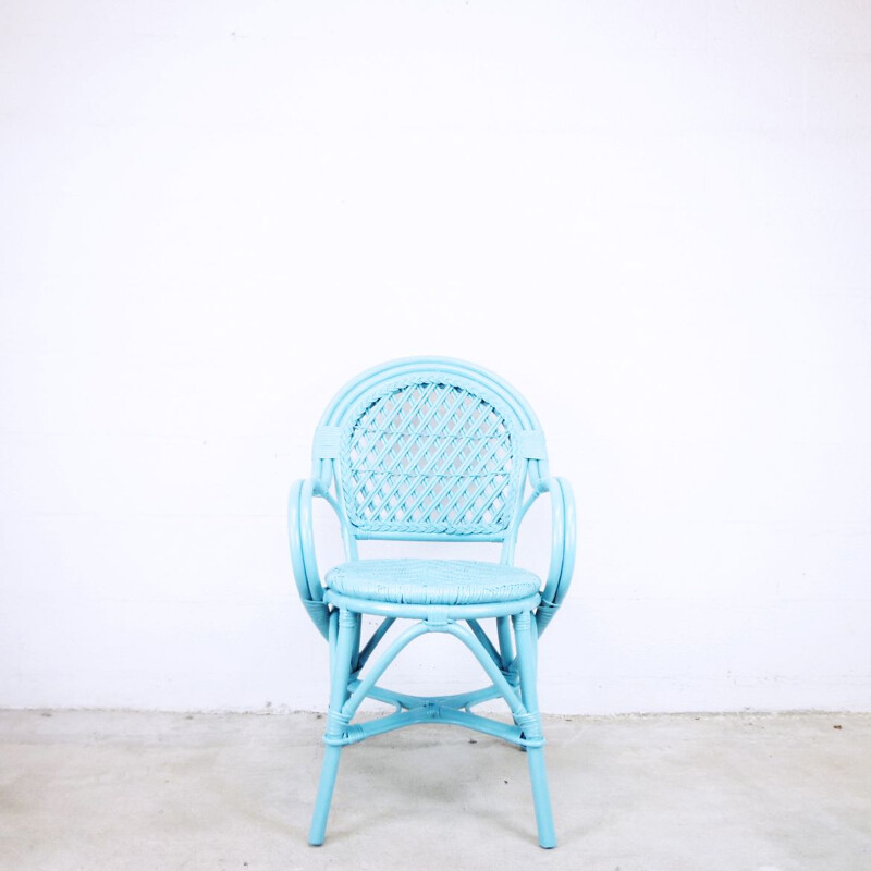 Vintage blue woven rattan armchair, 1990