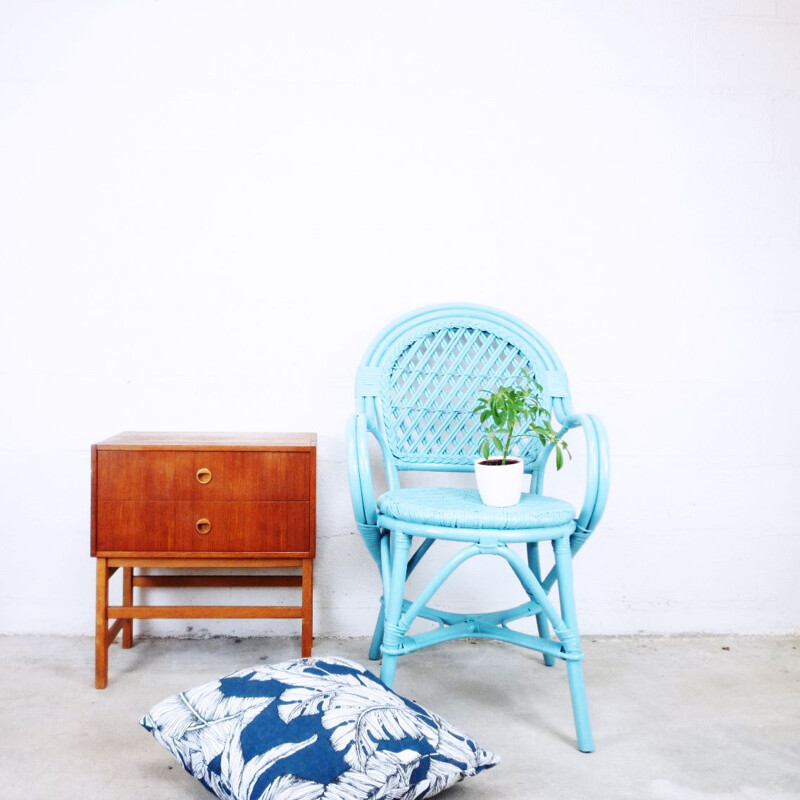Vintage blue woven rattan armchair, 1990