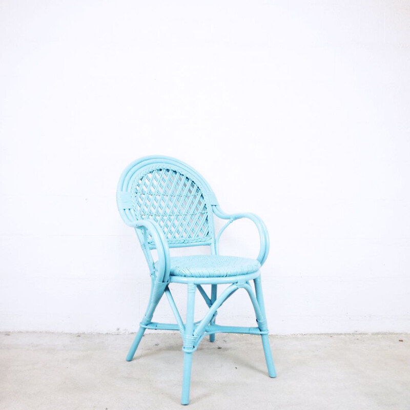 Vintage blauw geweven rotan fauteuil, 1990