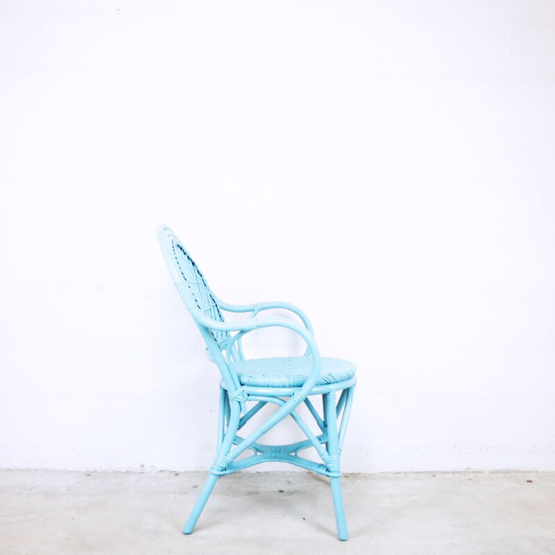 Vintage blue woven rattan armchair, 1990