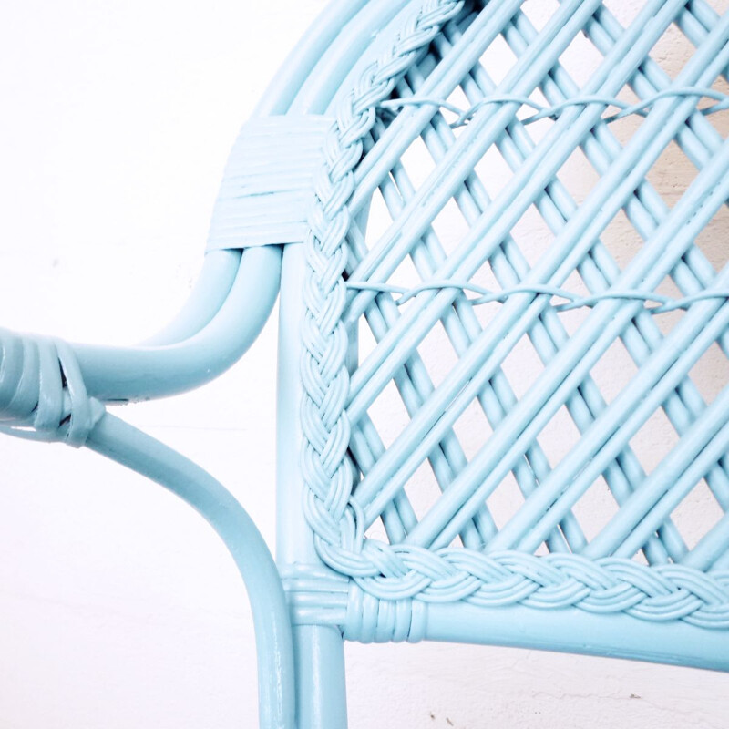 Vintage blue woven rattan armchair, 1990