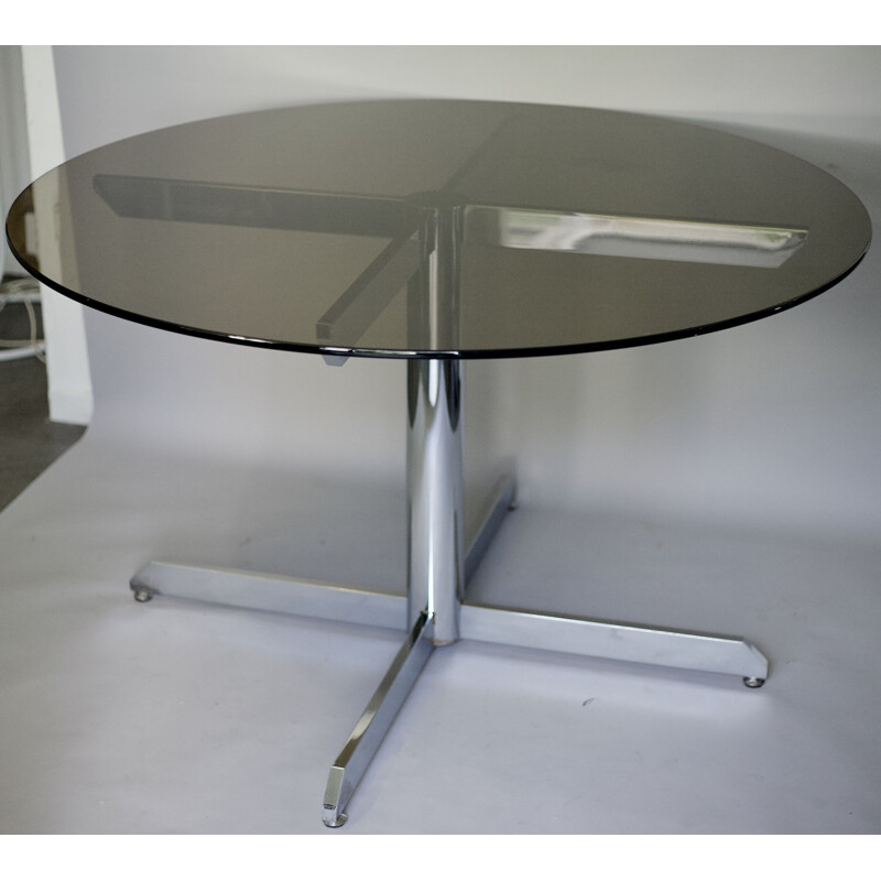 Vintage round dining table in smoked glass by Roche Bobois