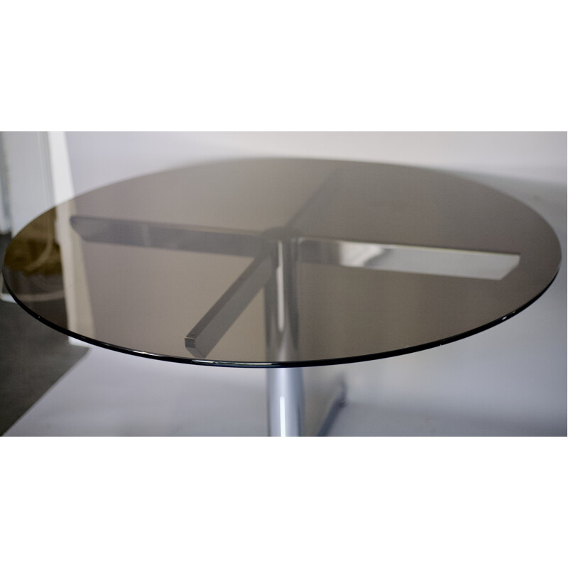 Vintage round dining table in smoked glass by Roche Bobois