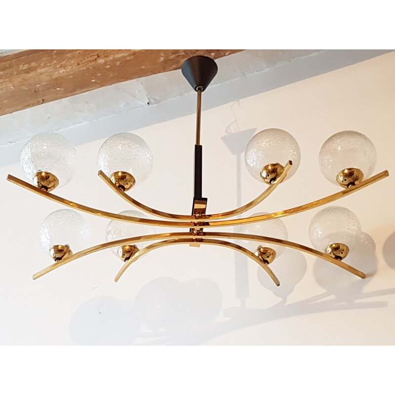 Vintage 8 spheres chandelier in glass and brass 1950