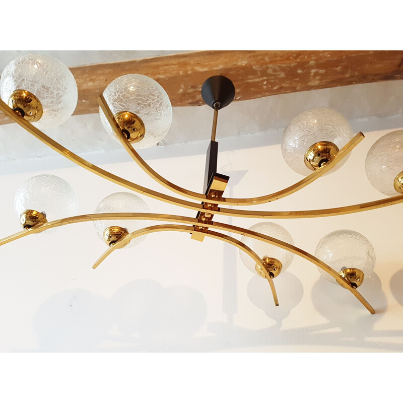 Vintage 8 spheres chandelier in glass and brass 1950