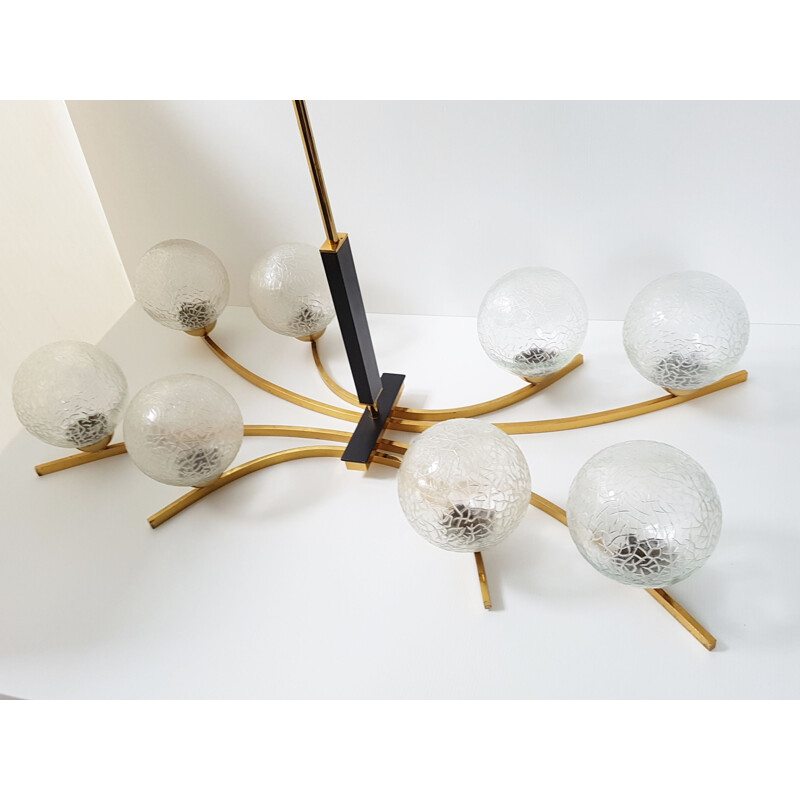 Vintage 8 spheres chandelier in glass and brass 1950
