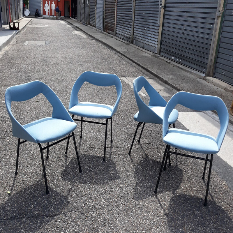 Suite de 4 chaises vintage pour Zol bleues en tissu et métal