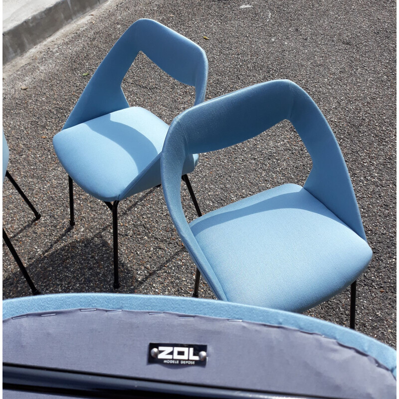 Suite of 4 vintage blue chairs for Zol in fabric and metal