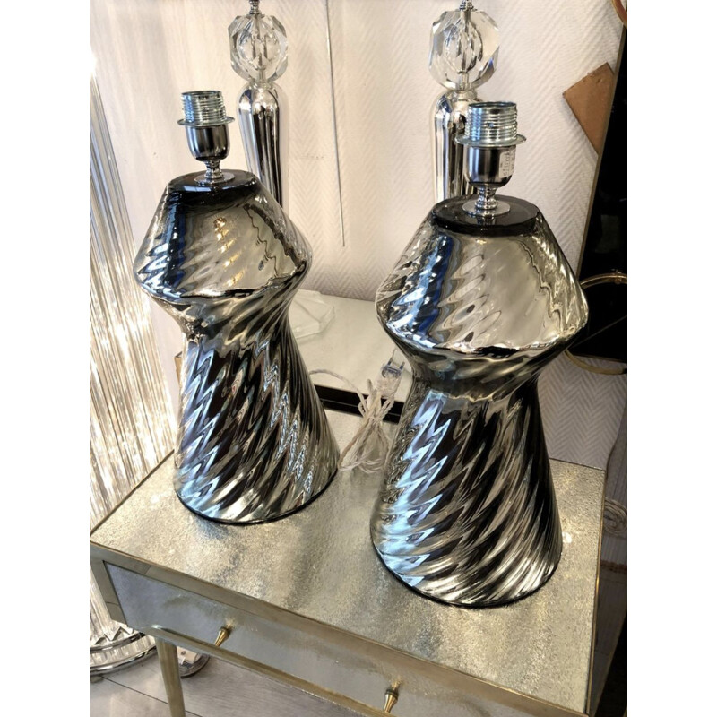 Pair of vintage silver lamps in murano glass 1980