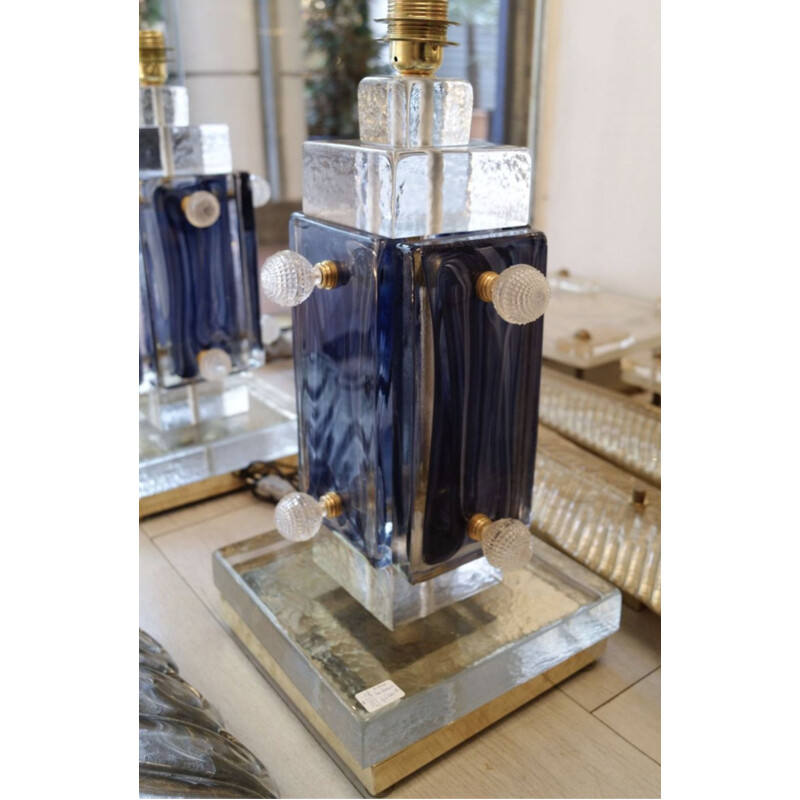 Paire de lampes vintage italiennes bleues en verre de Murano 1980