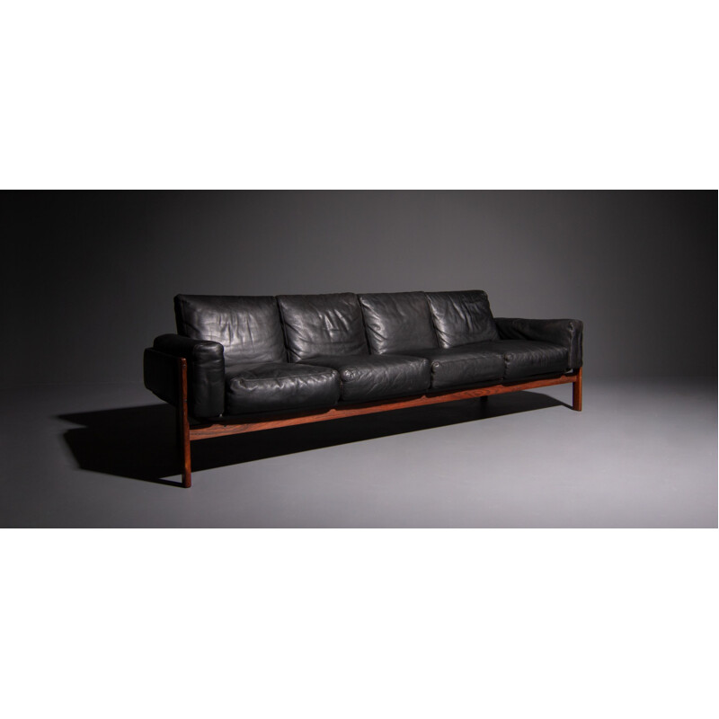 Vintage Dokka Møbler 4 seater sofa in black leather and rosewood