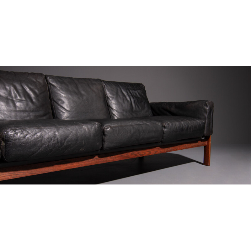 Vintage Dokka Møbler 4 seater sofa in black leather and rosewood